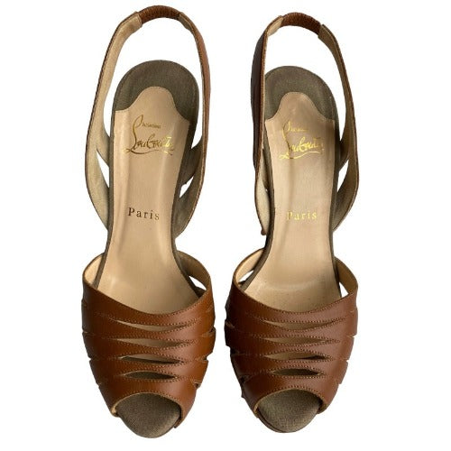 CHRISTIAN LOUBOUTIN Samaya Brown Leather Cut Out Peep Toe Heels Sandals, Size 39