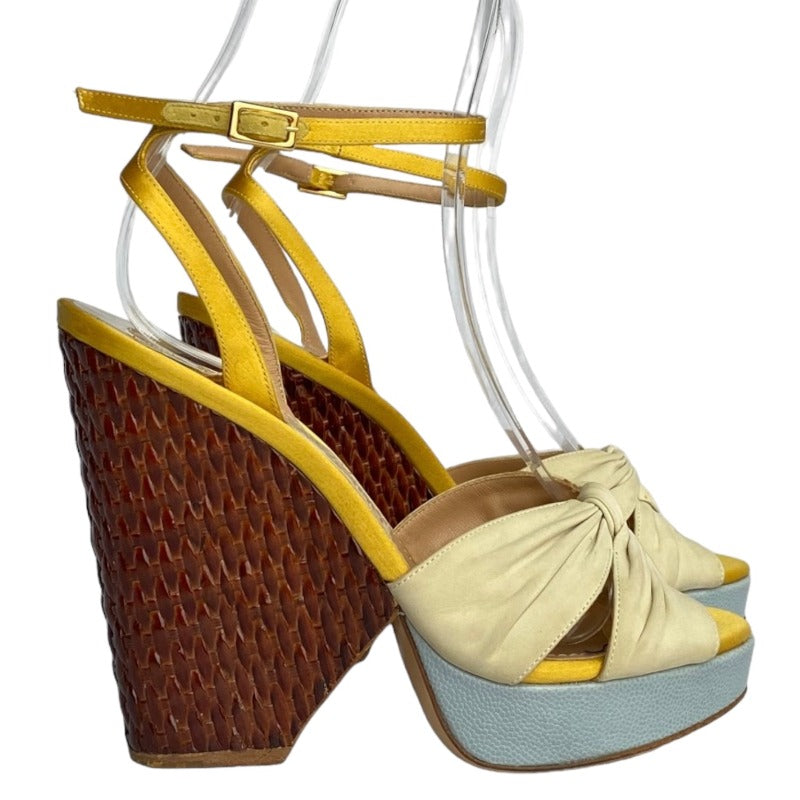 SALVATORE FERRAGAMO Suna Nude Leather Yellow Satin Straps Woven Wedges, Size 36