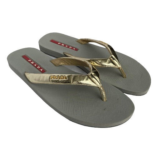 PRADA Sport Gold Patent Leather Prada Logo  Flip Flop Rubber Sandals, Size 41