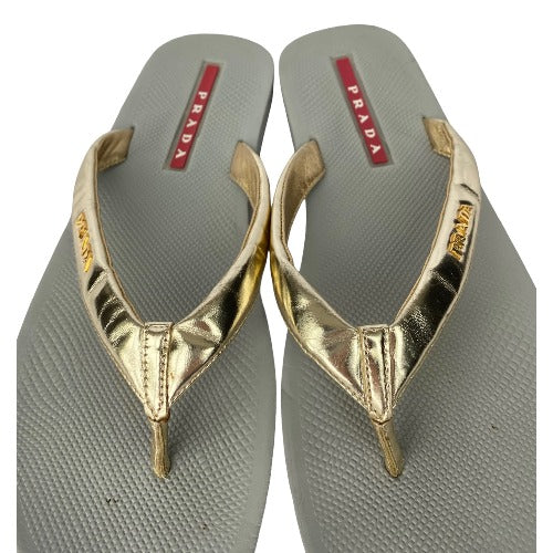 PRADA Sport Gold Patent Leather Prada Logo  Flip Flop Rubber Sandals, Size 41