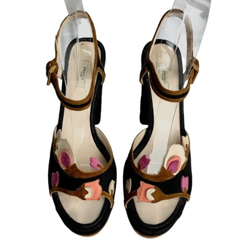 PRADA Floral Black  Suede High Heel Platform Sandals, Size 40.5