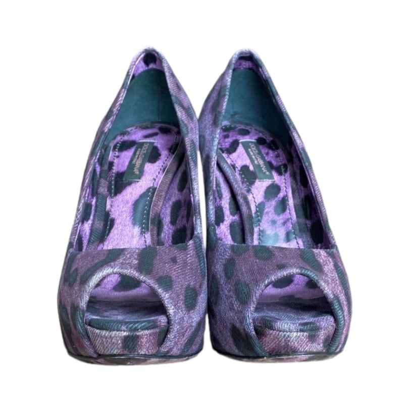 DOLCE & GABBANA Purple/Black Leopard Print Denim Peep Toe Pumps, Size 36.5