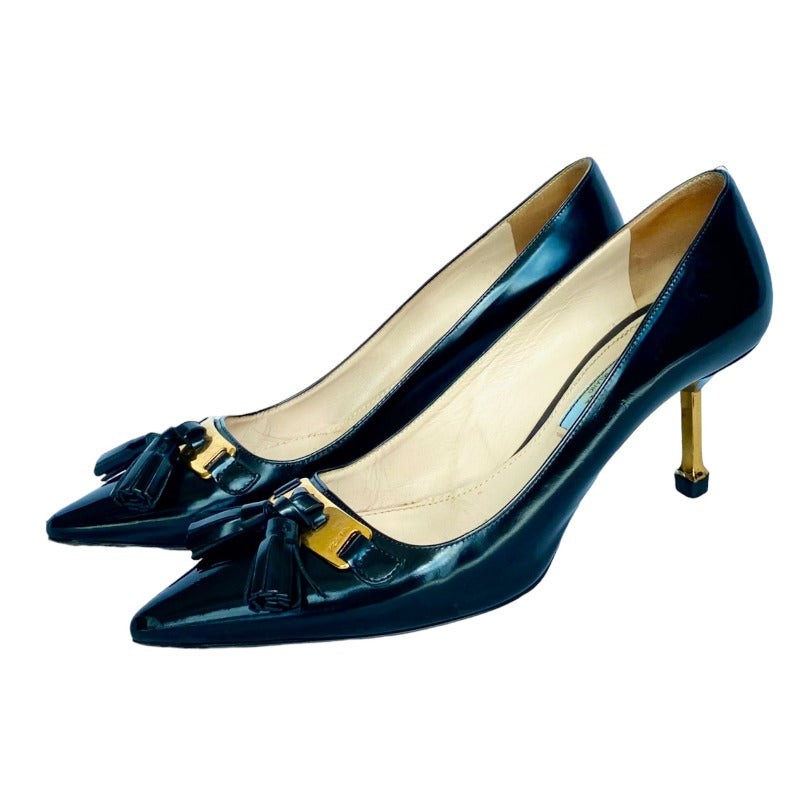 PRADA Black Patent Leather Tassel Gold Metal Heel Pointed Toe Pumps, Size 36