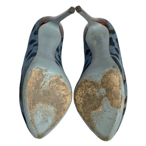 DOLCE & GABBANA Blue/Black Leopard Print Denim Wooden Heels Pumps, Size 38