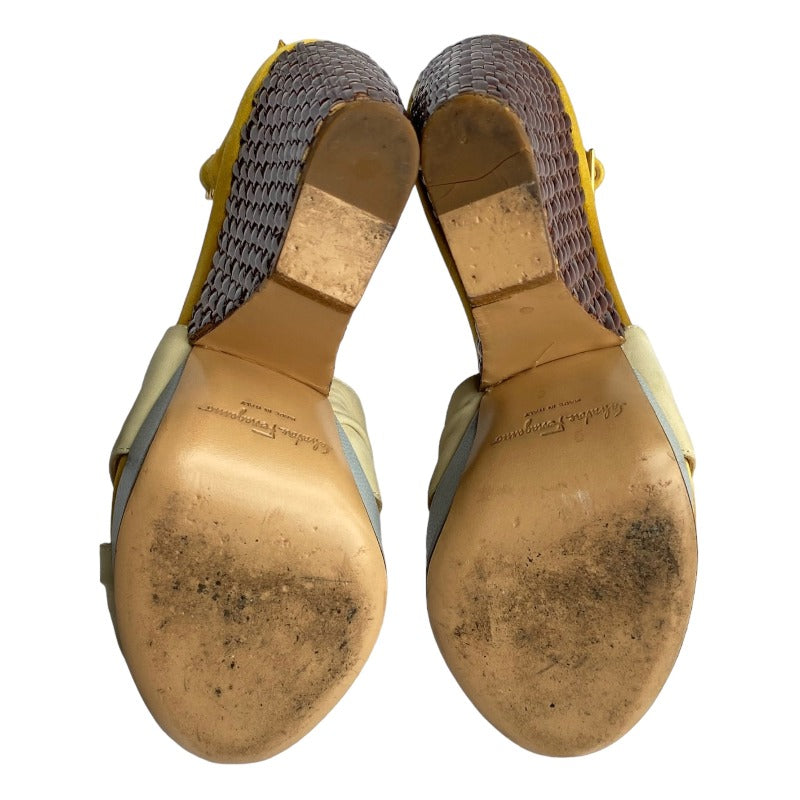 SALVATORE FERRAGAMO Suna Nude Leather Yellow Satin Straps Woven Wedges, Size 36