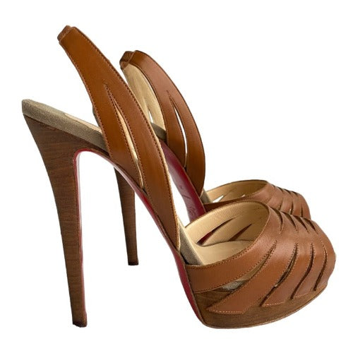 CHRISTIAN LOUBOUTIN Samaya Brown Leather Cut Out Peep Toe Heels Sandals, Size 39