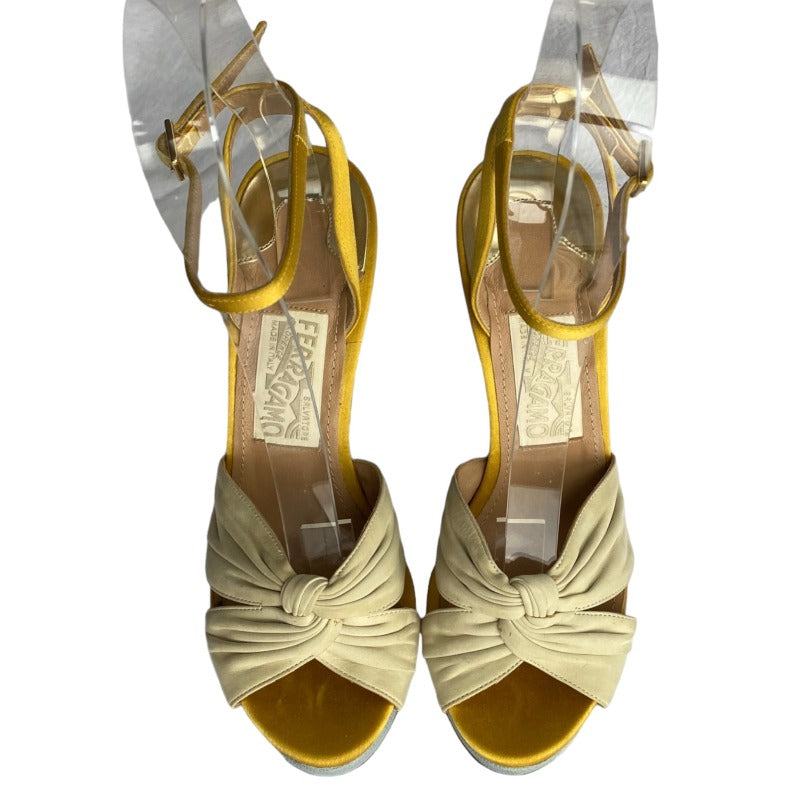SALVATORE FERRAGAMO Suna Nude Leather Yellow Satin Straps Woven Wedges, Size 36
