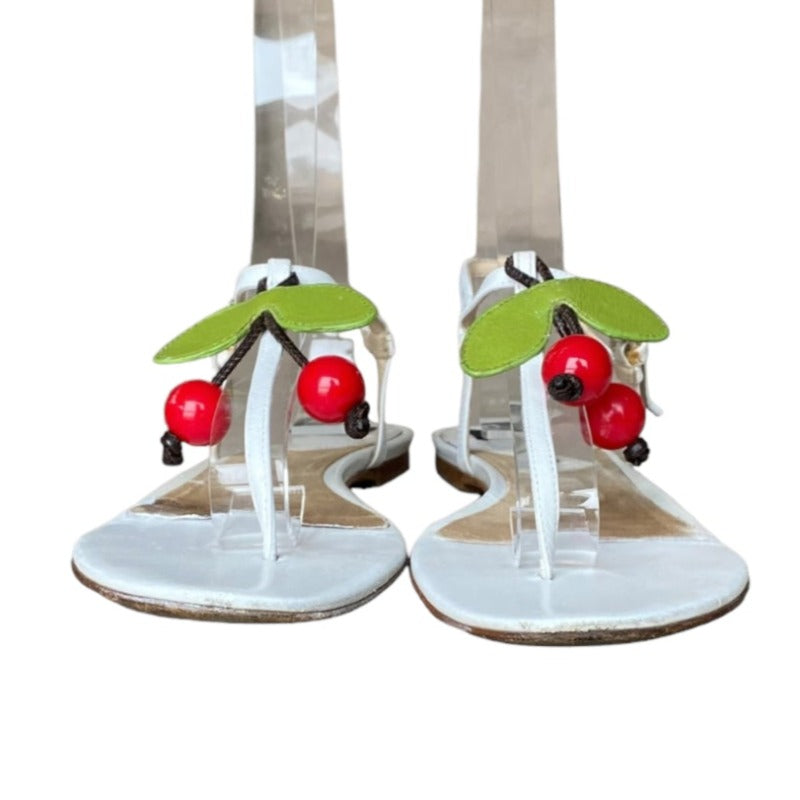 DOLCE & GABBANA White Leather Cherry Flat Thong Sandals, Size 37