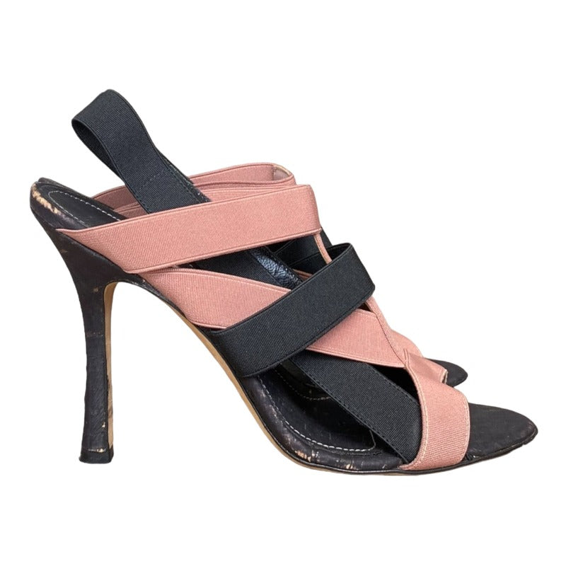 MANOLO BLAHNIK Black & Pink Elastic Bands, Cork Sole Slingback Sandals, Size 36