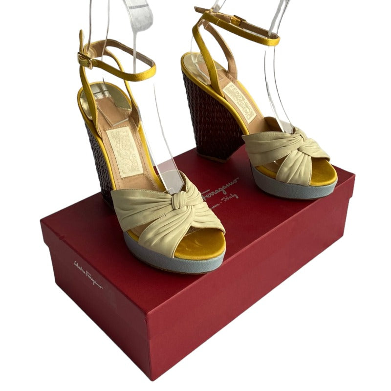 SALVATORE FERRAGAMO Suna Nude Leather Yellow Satin Straps Woven Wedges, Size 36