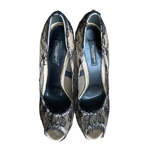 DOLCE & GABBANA Beige Satin, Black Lace Platform Peep Toe Pumps, Size 38.5