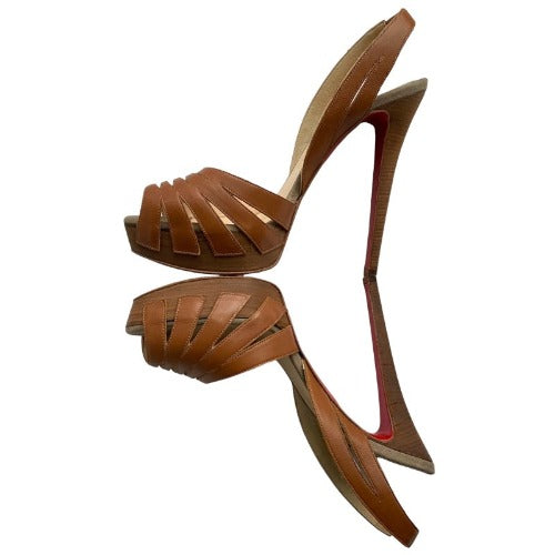 CHRISTIAN LOUBOUTIN Samaya Brown Leather Cut Out Peep Toe Heels Sandals, Size 39