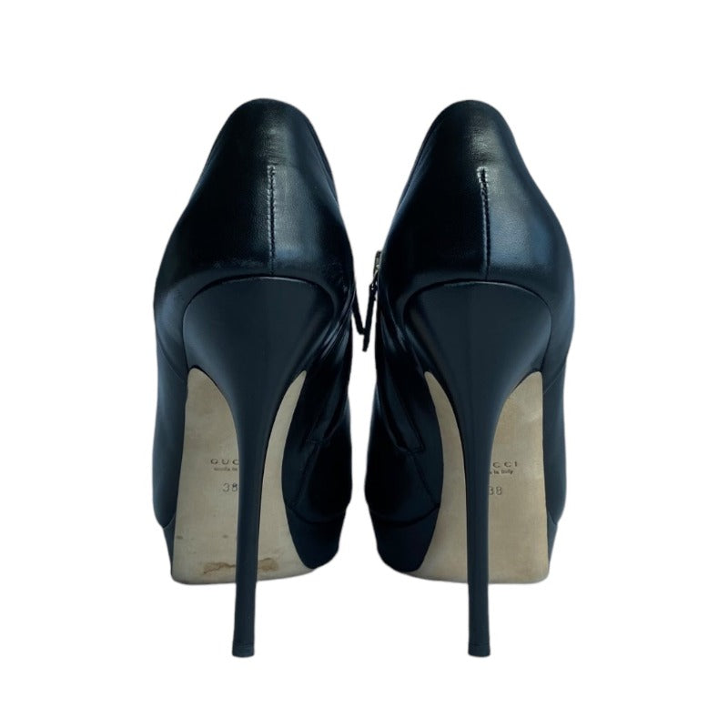 GUCCI Black Leather Peep-Toe Stiletto Heels Platform Ankle Booties, Size 38