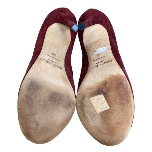 JIMMY CHOO Burgundy Suede Drift Cutout Peep-Toe Booties, Size 39