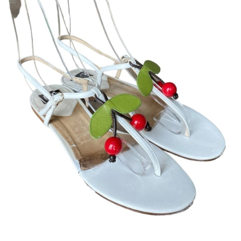 DOLCE & GABBANA White Leather Cherry Flat Thong Sandals, Size 37