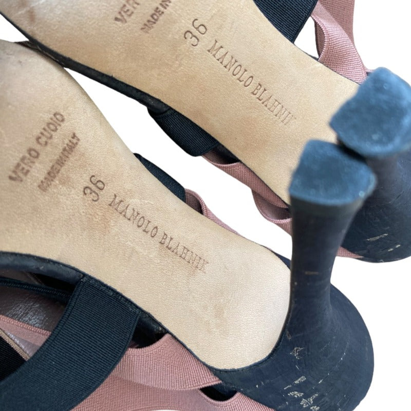 MANOLO BLAHNIK Black & Pink Elastic Bands, Cork Sole Slingback Sandals, Size 36