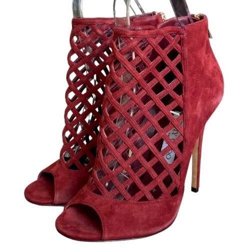 JIMMY CHOO Burgundy Suede Drift Cutout Peep-Toe Booties, Size 39