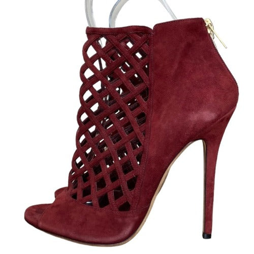 JIMMY CHOO Burgundy Suede Drift Cutout Peep-Toe Booties, Size 39