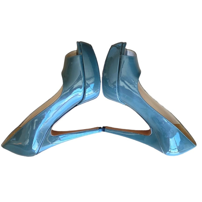 PRADA Gray Patent Leather Peep Toe Platform Pumps, Size 36