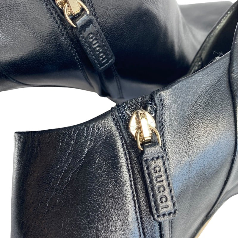 GUCCI Black Leather Peep-Toe Stiletto Heels Platform Ankle Booties, Size 38