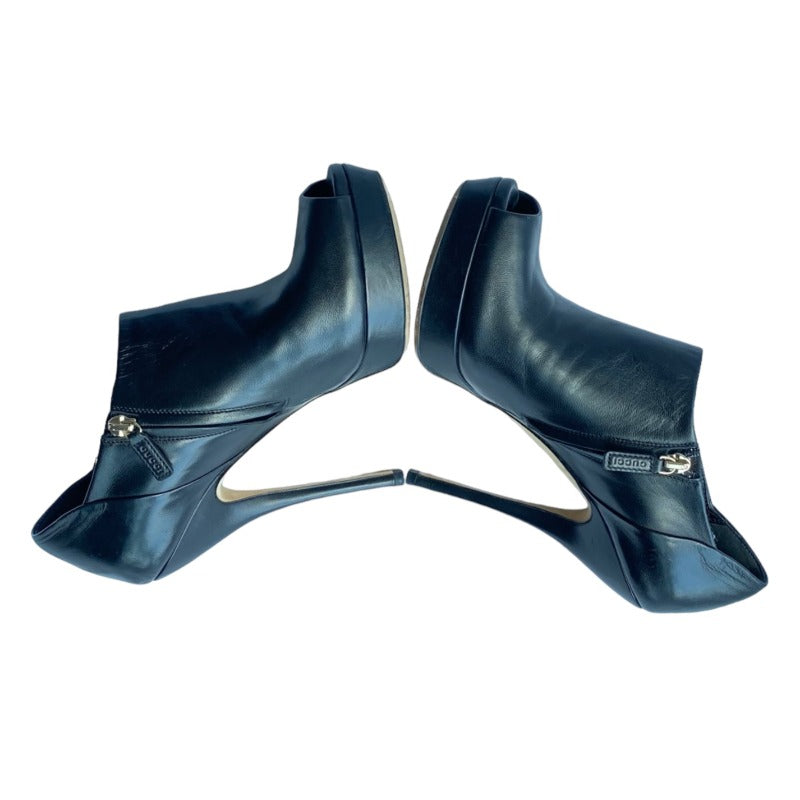 GUCCI Black Leather Peep-Toe Stiletto Heels Platform Ankle Booties, Size 38