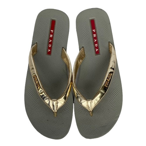 PRADA Sport Gold Patent Leather Prada Logo  Flip Flop Rubber Sandals, Size 41