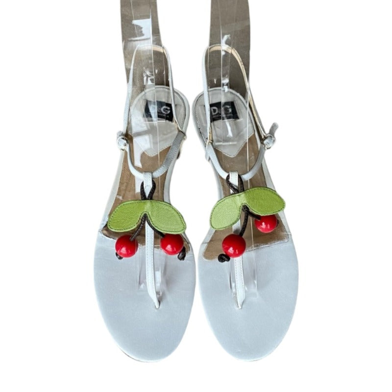 DOLCE & GABBANA White Leather Cherry Flat Thong Sandals, Size 37
