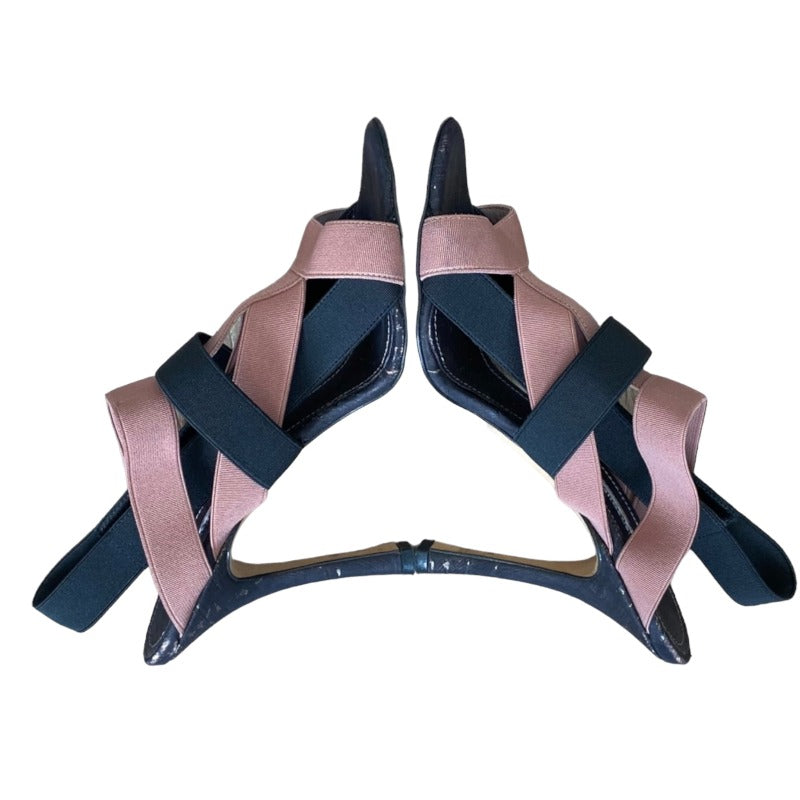 MANOLO BLAHNIK Black & Pink Elastic Bands, Cork Sole Slingback Sandals, Size 36