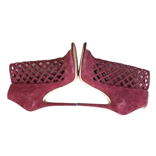 JIMMY CHOO Burgundy Suede Drift Cutout Peep-Toe Booties, Size 39