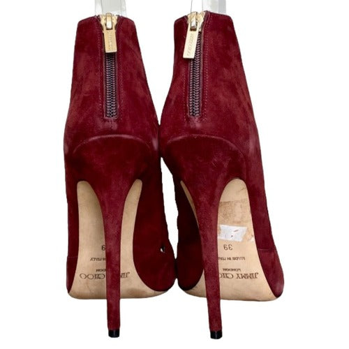 JIMMY CHOO Burgundy Suede Drift Cutout Peep-Toe Booties, Size 39
