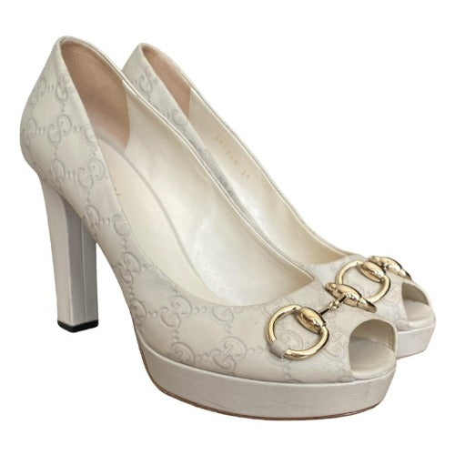GUCCI Off White Guccissima Leather Horsebit Peep Toe Platform Pumps, Size 39