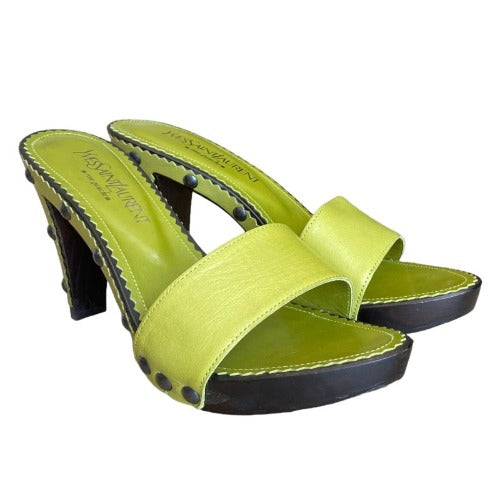 NEW YVES SAINT LAURENT Lola 75 Green Leather, Studded, Wooden Slides, Size 40