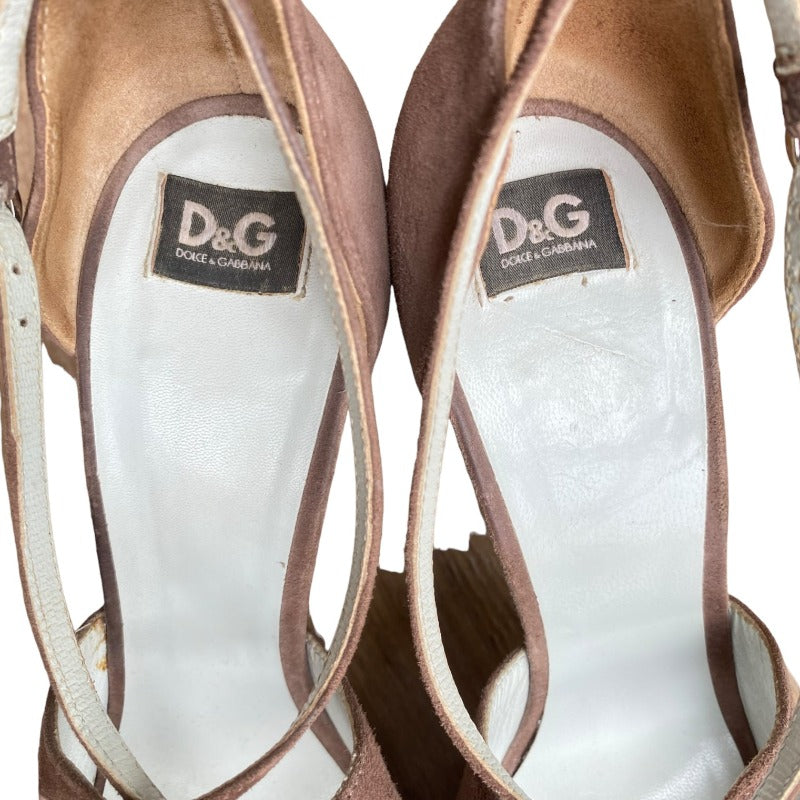 DOLCE & GABBANA Taupe, Brown Suede Strappy Peep Toe Heels Sandals, Size 38