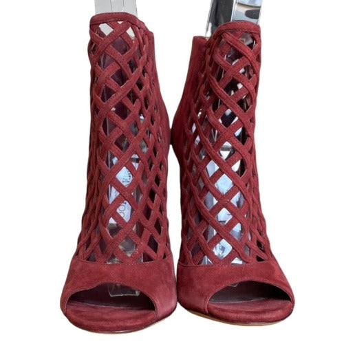 JIMMY CHOO Burgundy Suede Drift Cutout Peep-Toe Booties, Size 39