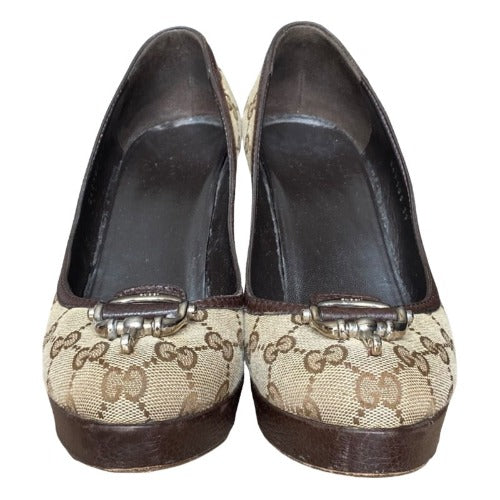 GUCCI Beige Supreme Monogram Canvas & Leather Bit Platform Pumps, Size 39