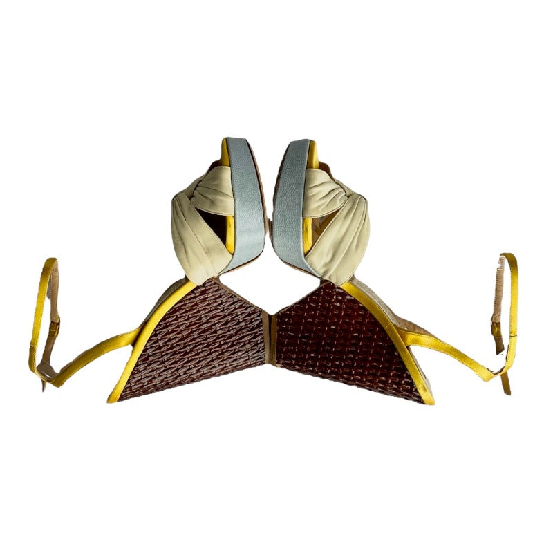 SALVATORE FERRAGAMO Suna Nude Leather Yellow Satin Straps Woven Wedges, Size 36