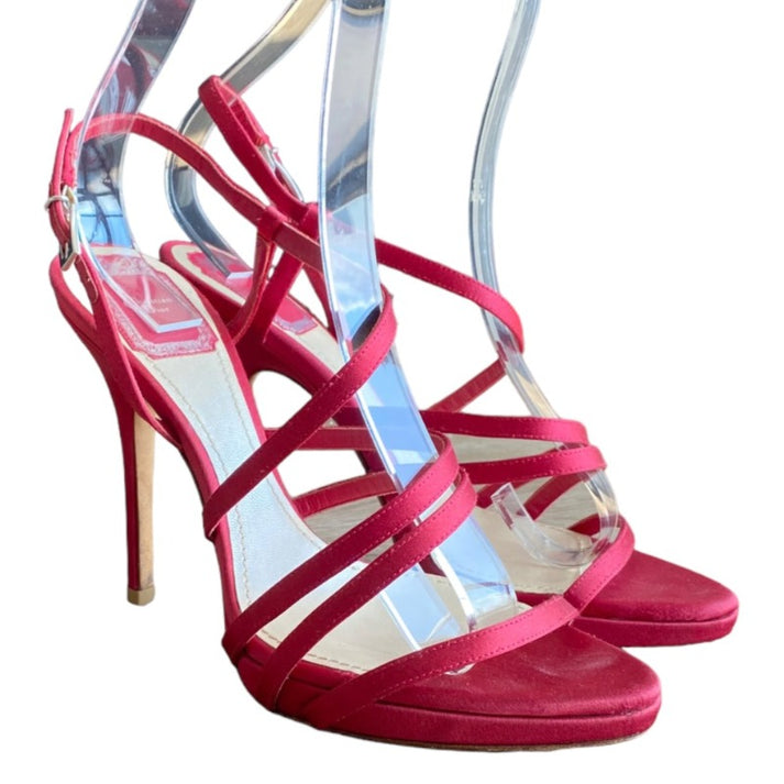 CHRISTIAN DIOR Red Satin Strappy Slingback Stiletto Heeled Sandals, Size 38.5