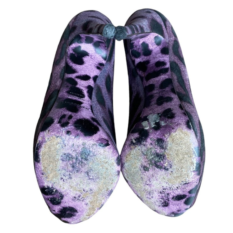 DOLCE & GABBANA Purple/Black Leopard Print Denim Peep Toe Pumps, Size 36.5
