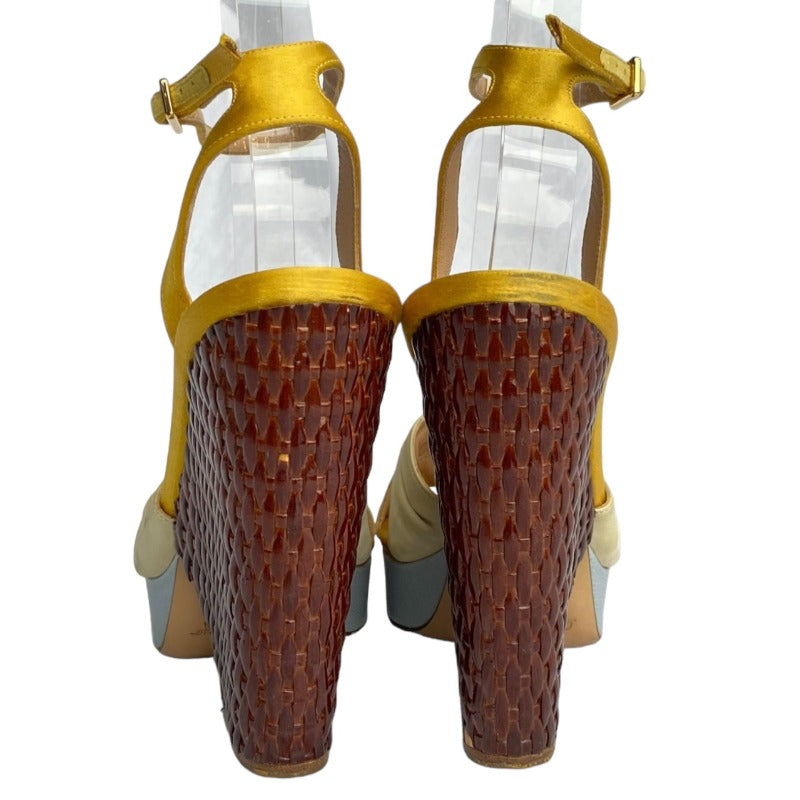 SALVATORE FERRAGAMO Suna Nude Leather Yellow Satin Straps Woven Wedges, Size 36