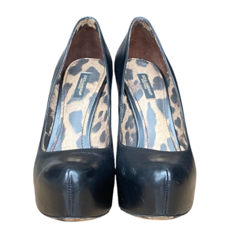 DOLCE & GABBANA Black Leather, Leopard Print Insole Platform Heels Pumps Size 38