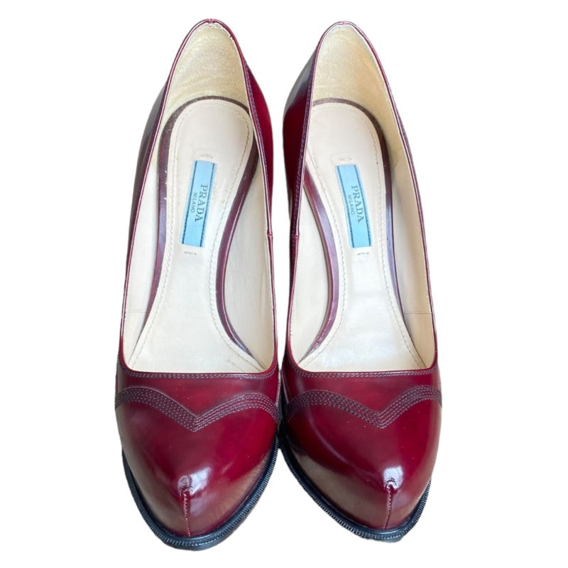 PRADA Burgundy Leather Embroidered Hidden Platform Spool Heel Pumps, Size 37