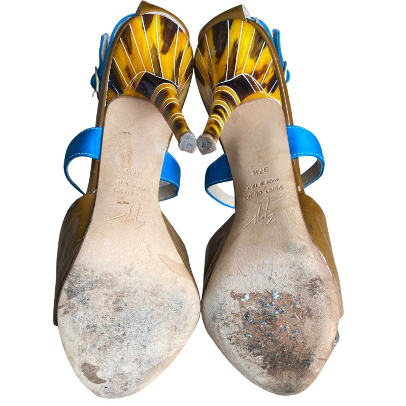 GIUSEPPE ZANOTTI Patent Leather Turquoise Satin T-Strap Tortoise Heels,  37.5