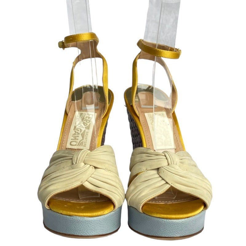 SALVATORE FERRAGAMO Suna Nude Leather Yellow Satin Straps Woven Wedges, Size 36