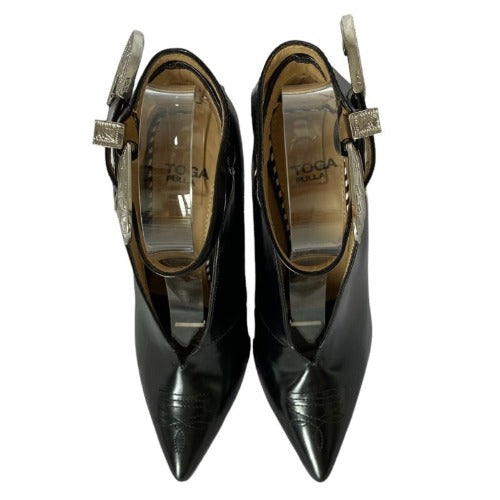 NEW TOGA PULLA Black Leather, Silver Buckle Pointed Toe High Heel Pumps, Size 36
