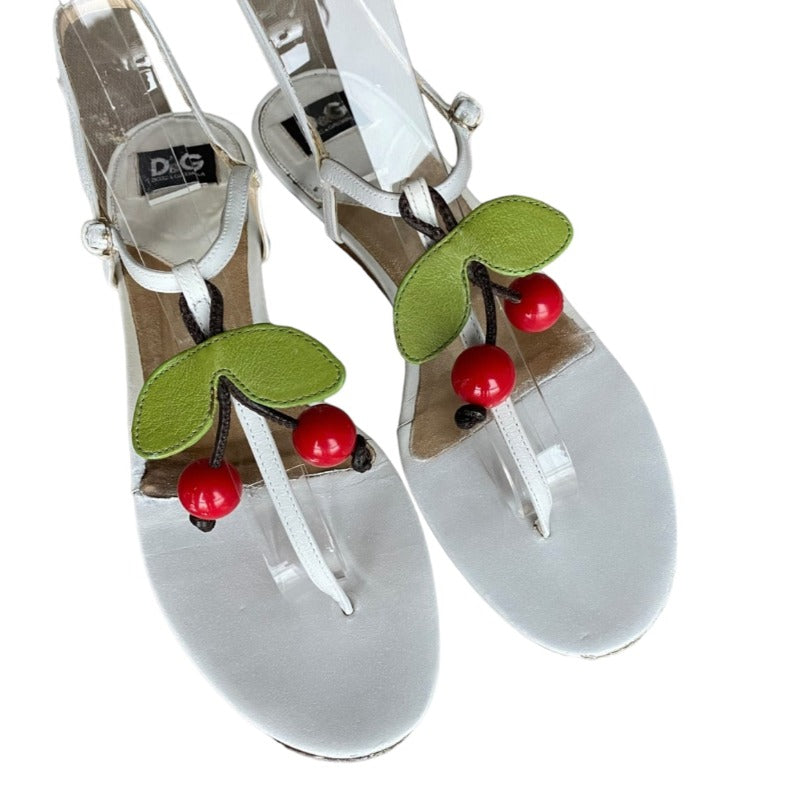 DOLCE & GABBANA White Leather Cherry Flat Thong Sandals, Size 37