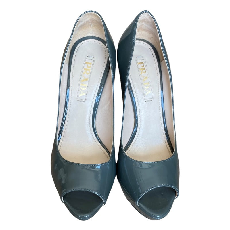 PRADA Gray Patent Leather Peep Toe Platform Pumps, Size 36