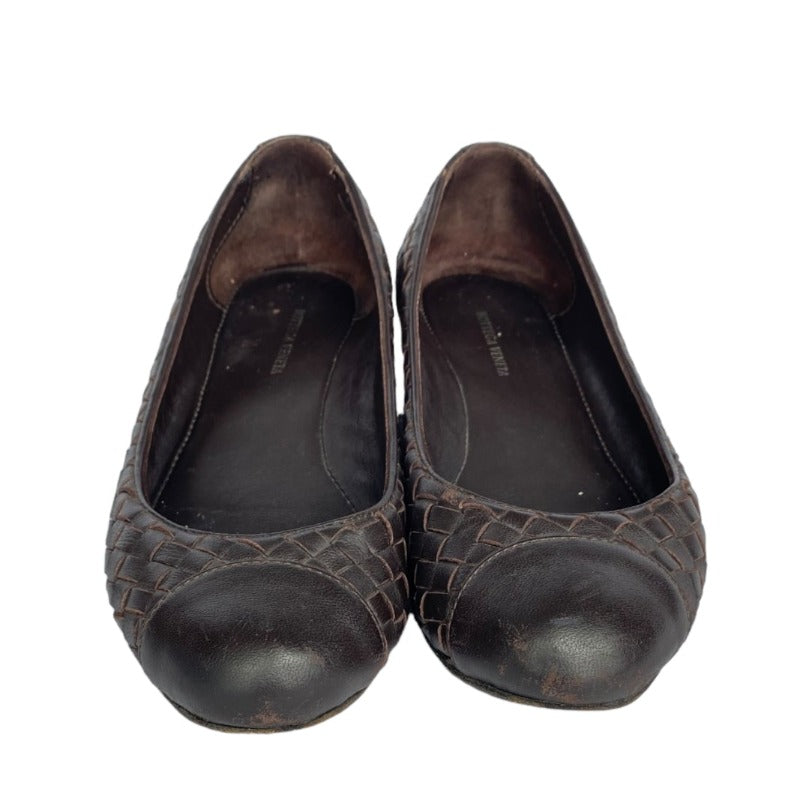 BOTTEGA VENETA  Dark Brown Intrecciato Leather Ballet Flats, Size 37