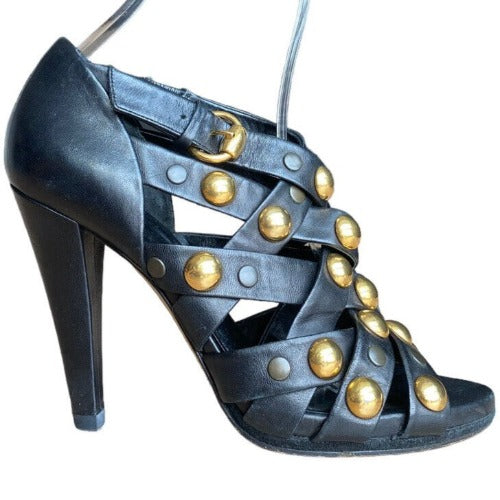 GUCCI Black Leather, Babouska Studded Cage Strappy Heeled Sandals, Size 39